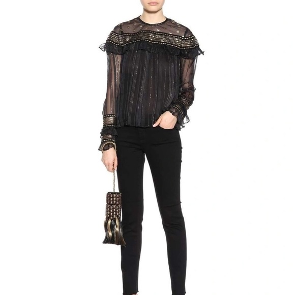 DODO BAR OR Black & Gold Embroidered Gothic Tulle Chiffon Top Women’s Sz‎ 40/S